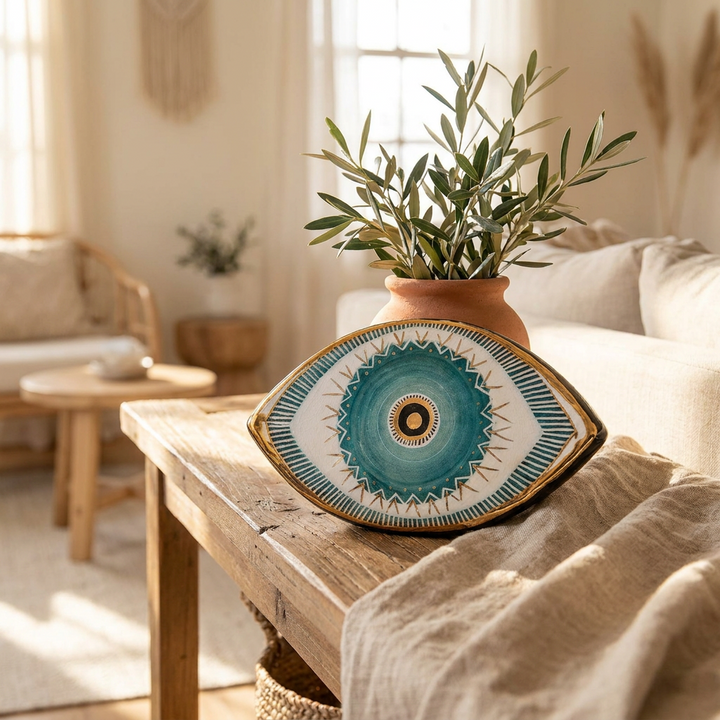 A decorative teardrop-shaped ceramic wall or tabletop ornament with a turquoise, white, and gold geometric eye-like pattern, styled on a wooden table in a warm, sunlit living room next to a terracotta pot with green leaves.