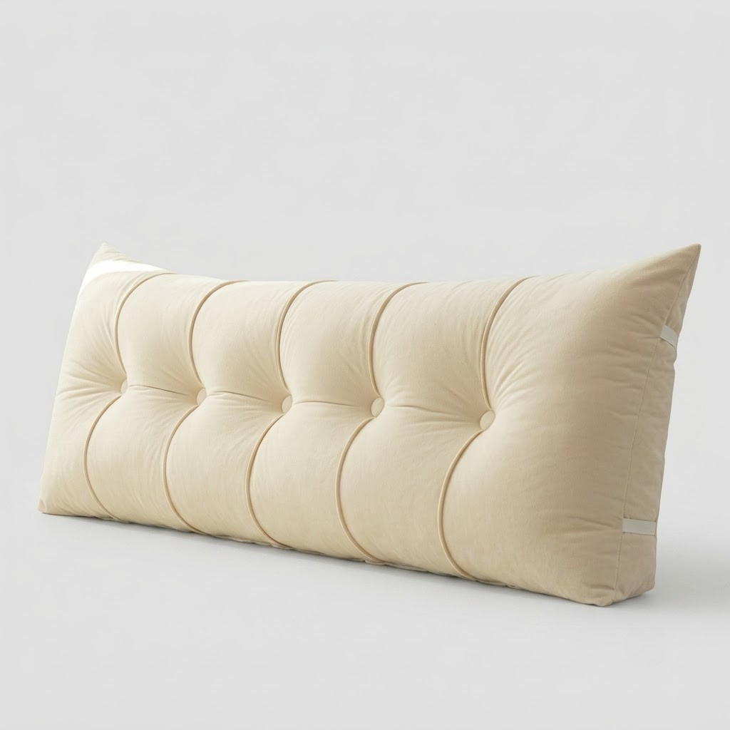 A long rectangular tufted lumbar pillow in a light cream or beige fabric, shown on a neutral light gray background.
