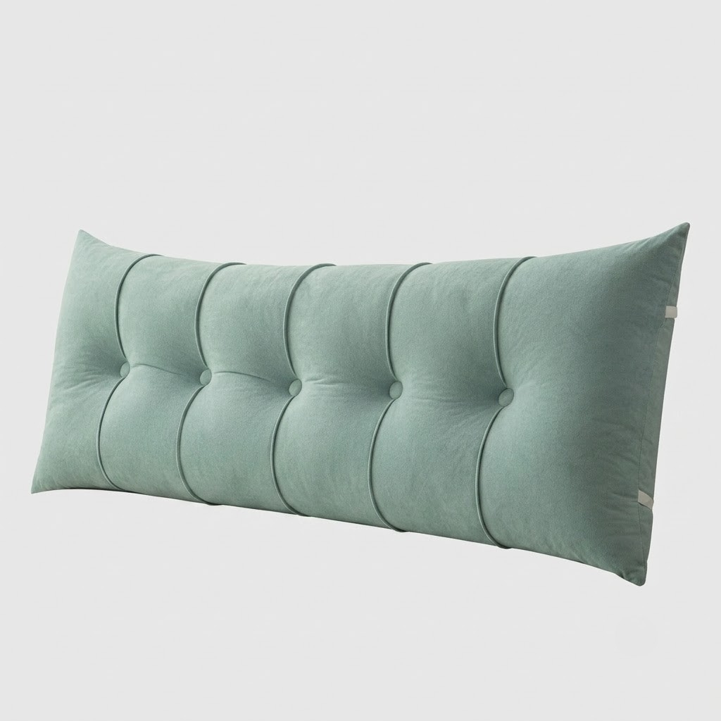 A long rectangular tufted lumbar pillow in a dusty sage green velvet fabric, shown against a plain light gray background.