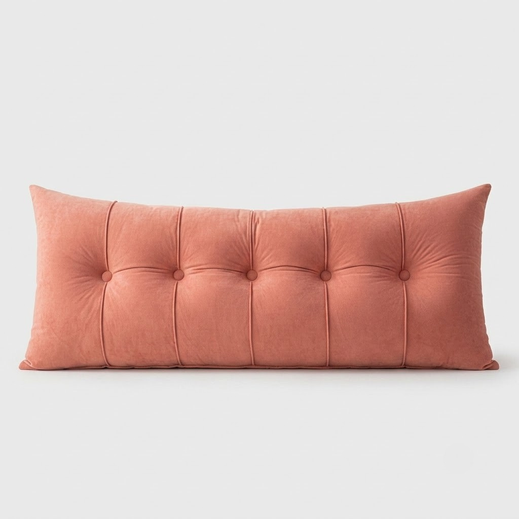 A long rectangular lumbar pillow in a dusty rose velvet fabric, featuring a tufted button design across the front, set against a plain light gray background.