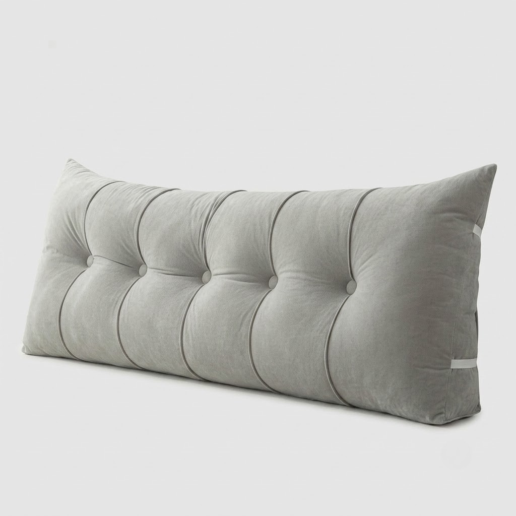 A long, rectangular lumbar pillow in a light gray velvet fabric, featuring a tufted button design across the front, shown on a plain light gray background.