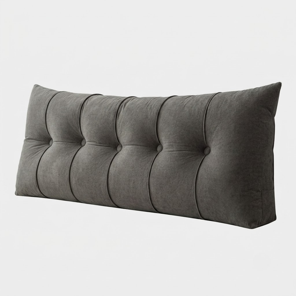 A dark gray tufted lumbar pillow with a textured fabric, shown against a plain light gray background.