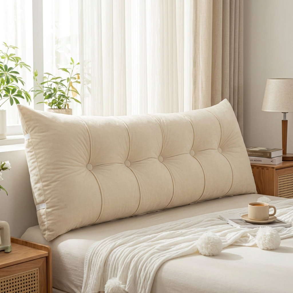 A large tufted lumbar pillow in a warm cream color, propped up on a bed in a bright, modern bedroom setting.