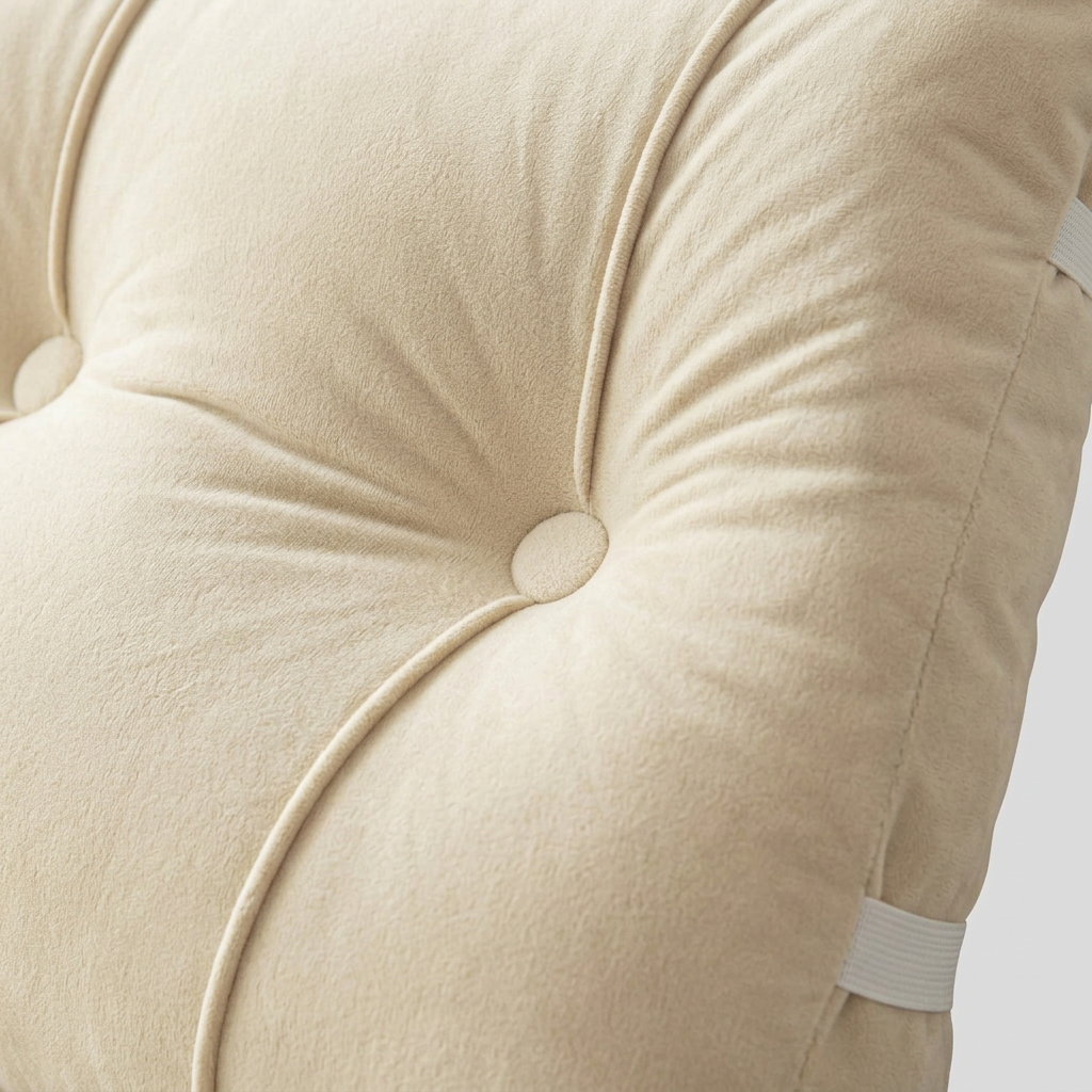 Close-up of a cream-colored tufted cushion with a fabric strap visible on the right side.