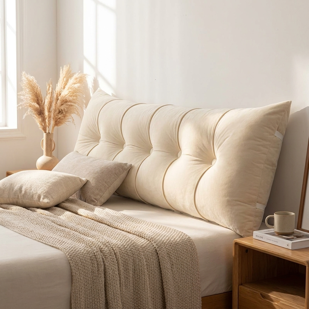 A large tufted cream pillow leaning against a bed in a softly lit bedroom, with matching pillows, a knit throw blanket, a wooden nightstand, and a vase of dried grasses nearby.