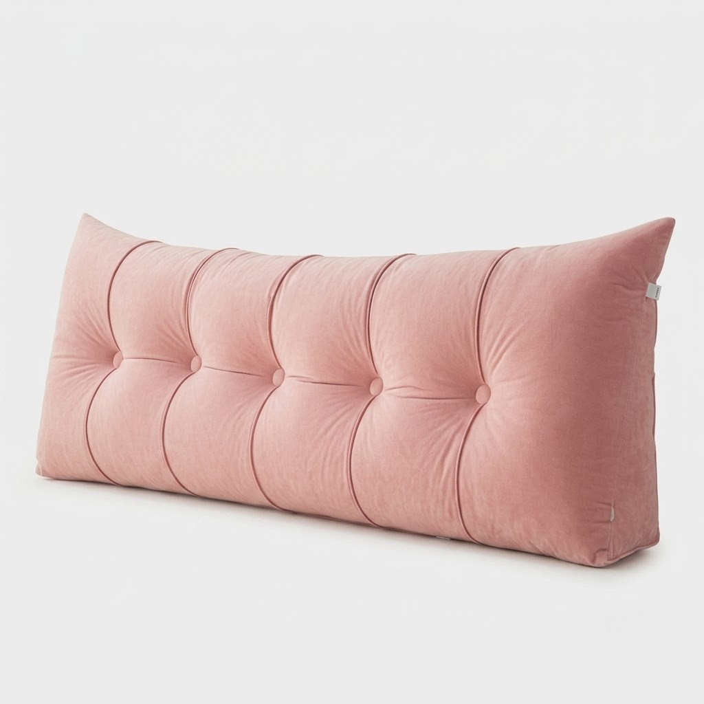 A long rectangular tufted lumbar pillow in dusty pink velvet, shown on a clean white background.