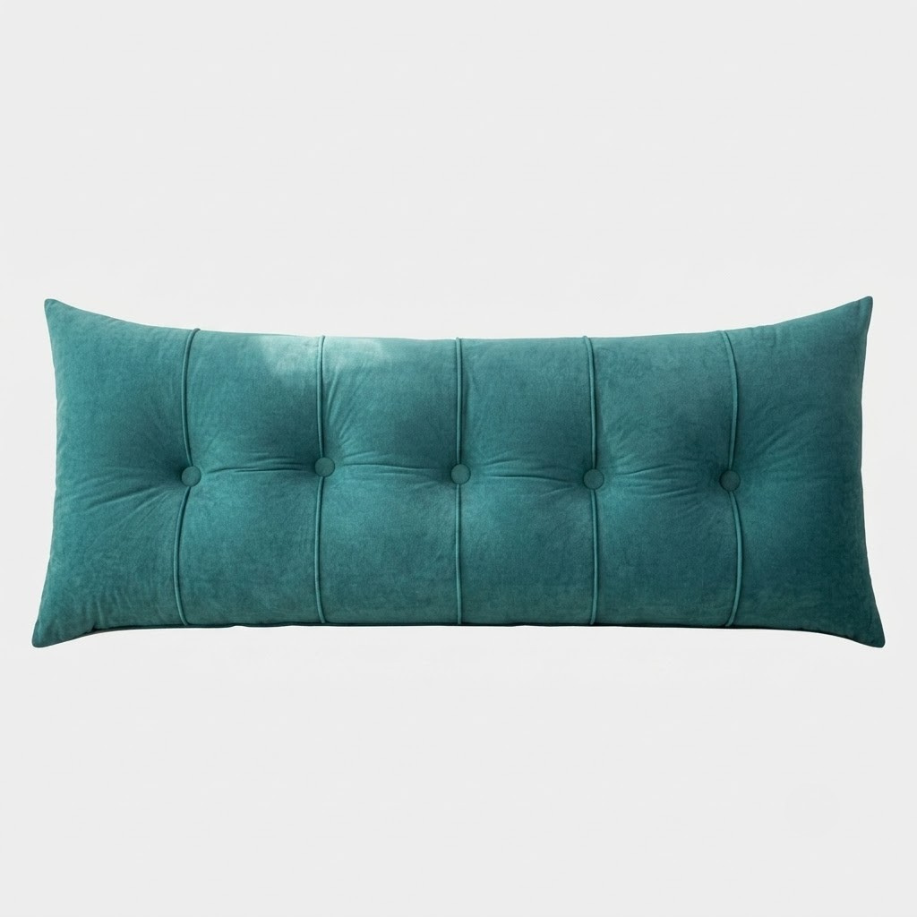 A long rectangular lumbar pillow in teal velvet with a button-tufted design, shown against a plain light gray background.