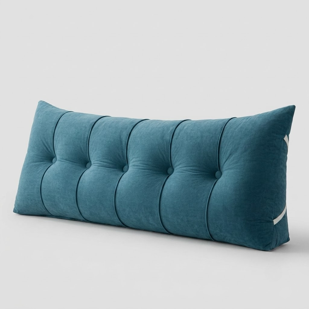 A long rectangular lumbar pillow in a deep teal blue velvet fabric, featuring a tufted button design across the front, shown on a light gray background.