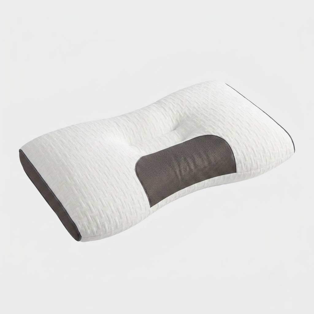 A contoured cervical pillow with a textured white fabric cover and a dark gray central support panel, shown on a light gray background.