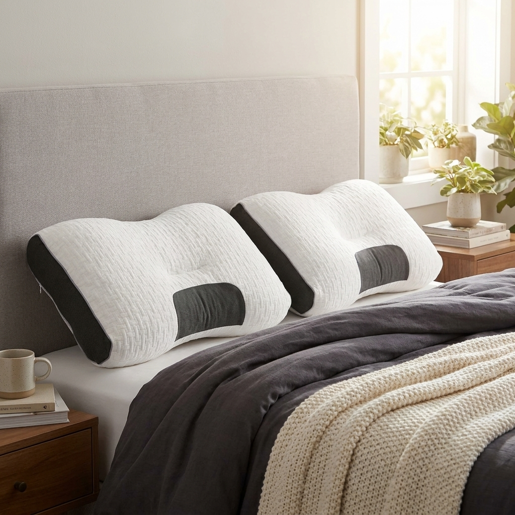 Two white contoured pillows with dark gray side panels and a matching dark gray neck support insert, styled on a bed with a gray headboard, dark gray duvet, cream knit throw, and bedside table in a bright bedroom.