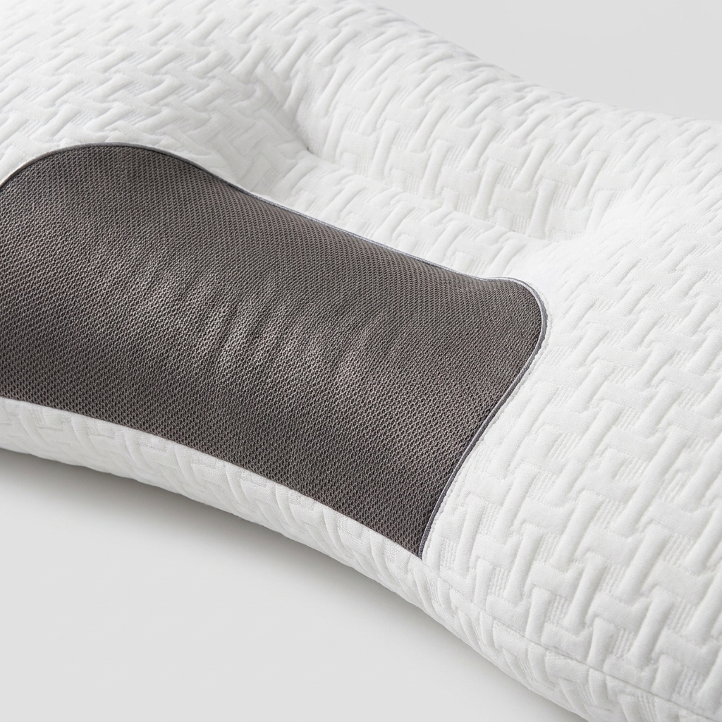 Close-up of a white textured pillow with a dark gray mesh insert or cooling panel on the side, photographed on a light neutral background.
