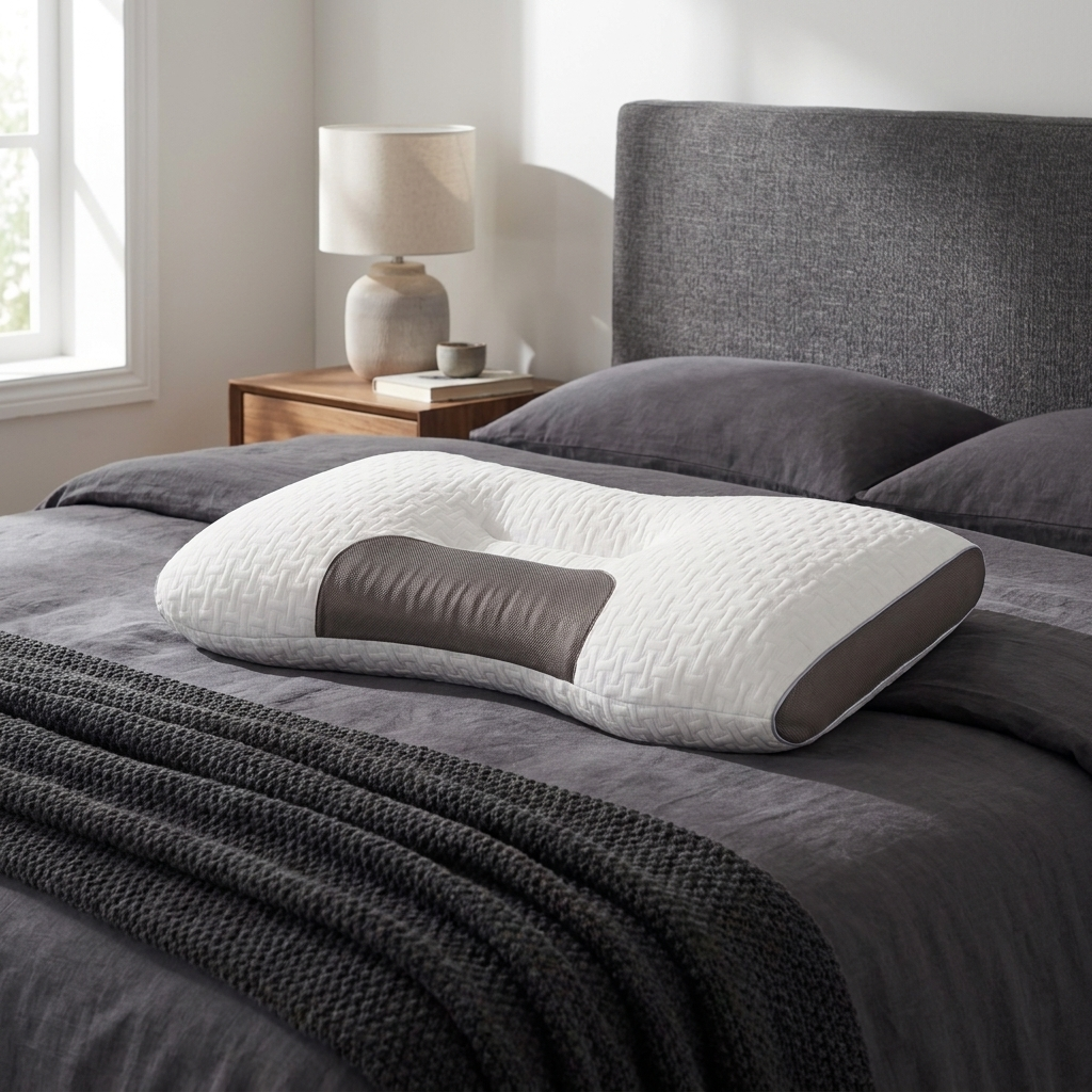 A white and dark gray contoured memory foam pillow resting on a bed with gray bedding and a wooden nightstand in the background.