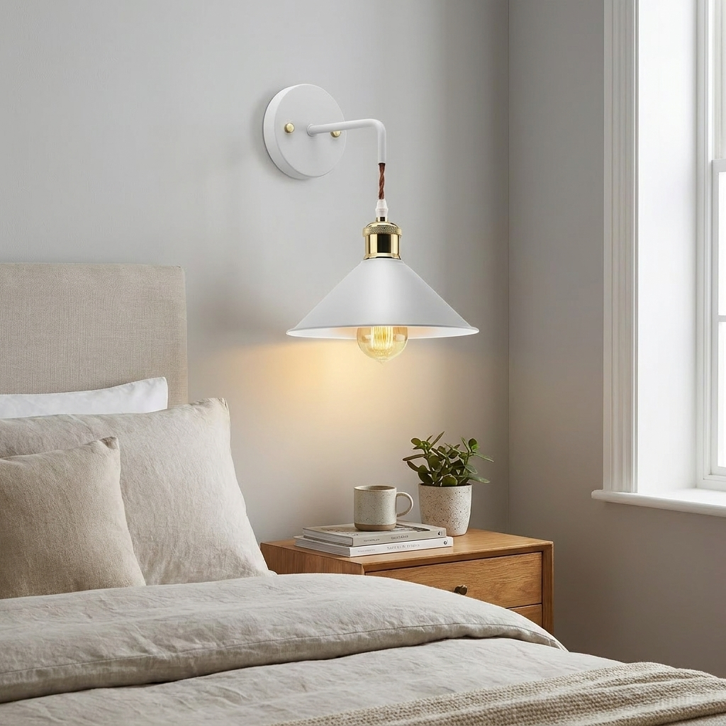 A modern wall-mounted sconce with a white conical shade, brass-toned hardware, and a glowing bulb, installed above a bed in a softly lit bedroom.