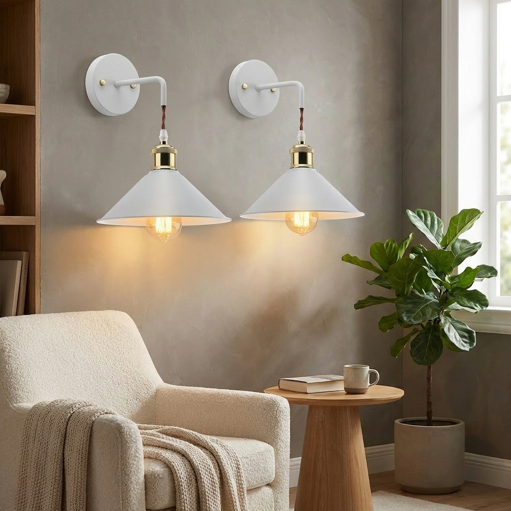 Two white wall sconces with gold accents and warm glowing bulbs mounted on a textured gray wall in a cozy living room setting with a beige armchair, wooden side table, and a potted green plant.