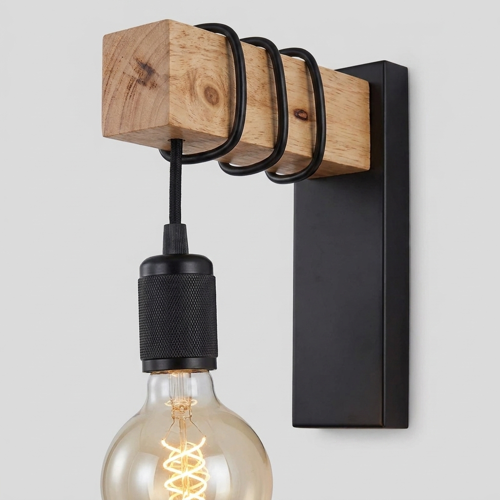 Industrial wall sconce with a rectangular black metal wall plate, a horizontal wooden beam, black wire wrapping, and a hanging clear bulb with a black socket on a light gray background.
