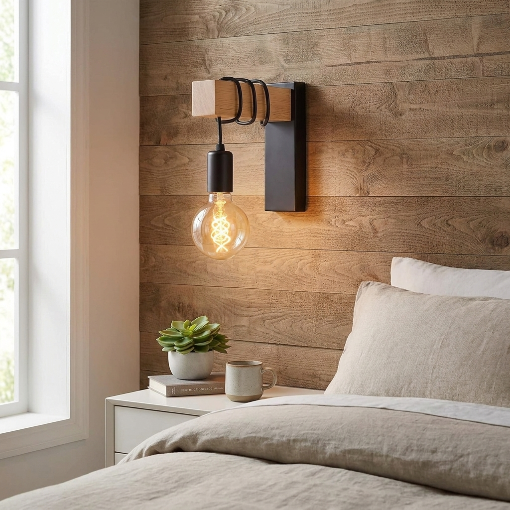 Industrial wall sconce with a black metal bracket, wooden accent blocks, and a single exposed Edison bulb, shown mounted on a wood-paneled bedroom wall above a bed.