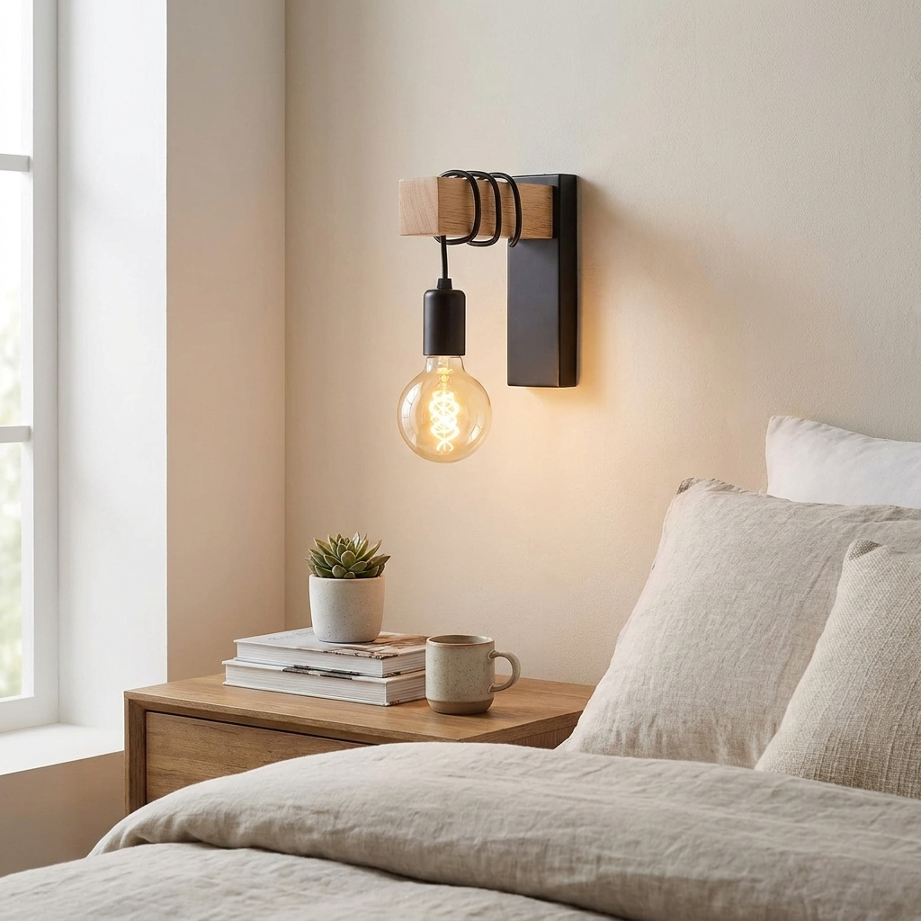 A wall-mounted industrial-style light fixture with a black rectangular backplate, exposed wooden side blocks, and a hanging clear bulb, shown lit above a bed in a softly styled bedroom.