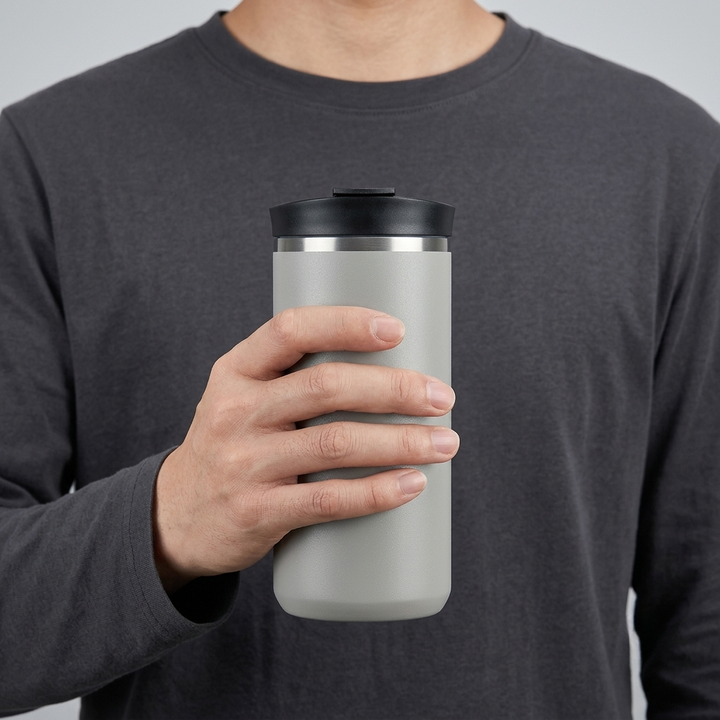 A person in a dark gray long-sleeve shirt holds a matte light gray insulated travel tumbler with a black lid and a thin silver metallic band near the top, against a plain light gray background.