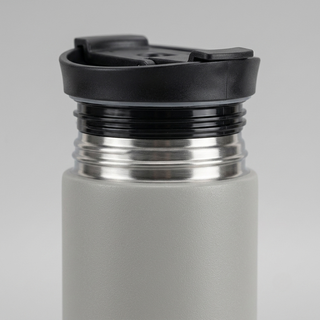Close-up of a matte gray insulated bottle with a black flip-top lid and a stainless steel neck, shown on a light gray background.