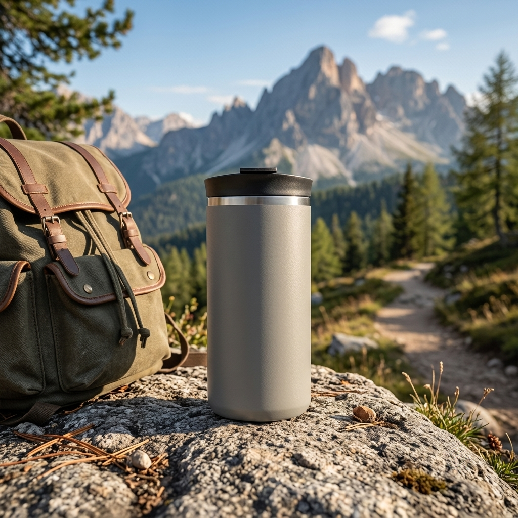 A matte gray insulated travel tumbler with a black lid stands on a rocky mountain trail next to an olive green backpack, with a scenic mountain landscape in the background.