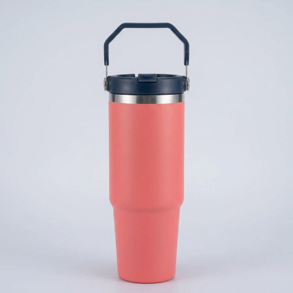 A coral pink vacuum-insulated tumbler with a dark navy blue carrying handle lid and a silver stainless steel band, shown on a light gray background.