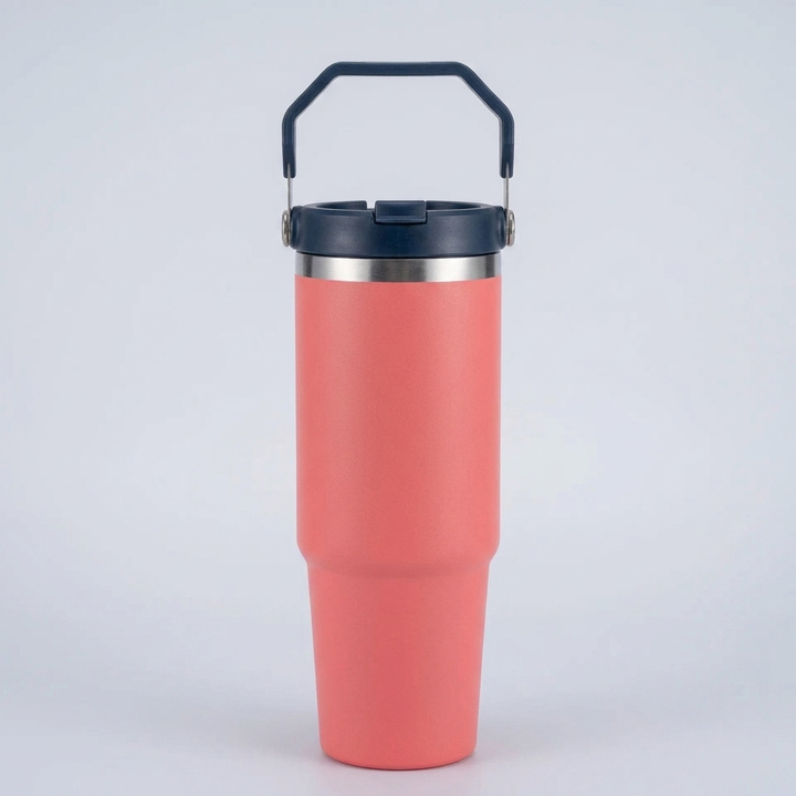 A coral pink vacuum-insulated tumbler with a dark navy blue carrying handle lid and a silver stainless steel band, shown on a light gray background.