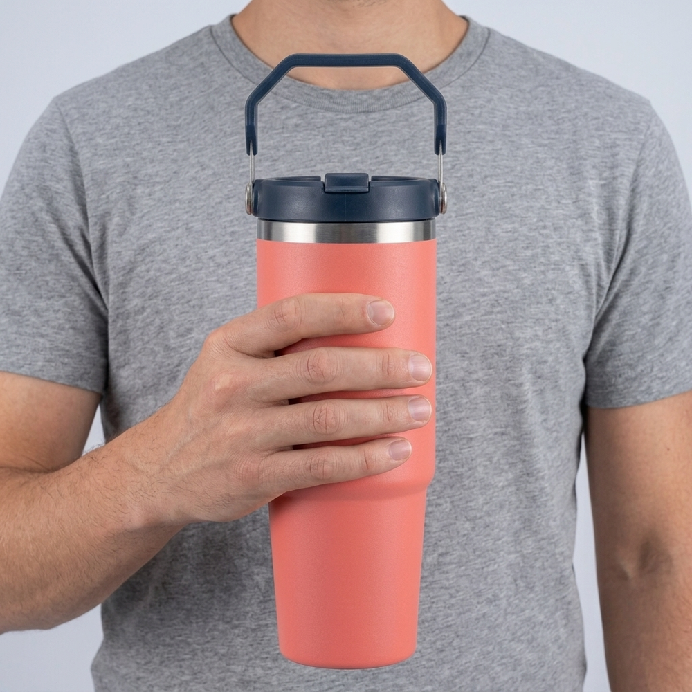 A person in a gray t-shirt holding a coral pink insulated travel tumbler with a dark blue handle and lid.