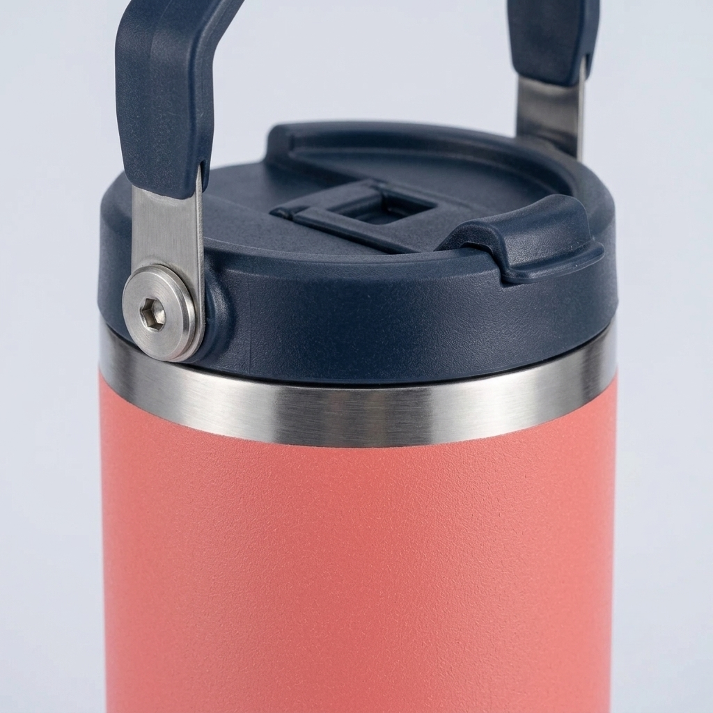 A close-up of a coral pink insulated water bottle with a dark navy blue lid and carry handle, featuring a stainless steel band around the neck.