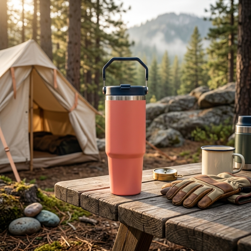 A coral pink insulated travel tumbler with a black handle lid and silver rim sits on a rustic wooden table in a forest campsite setting, with a tent, gloves, and outdoor gear visible in the background.