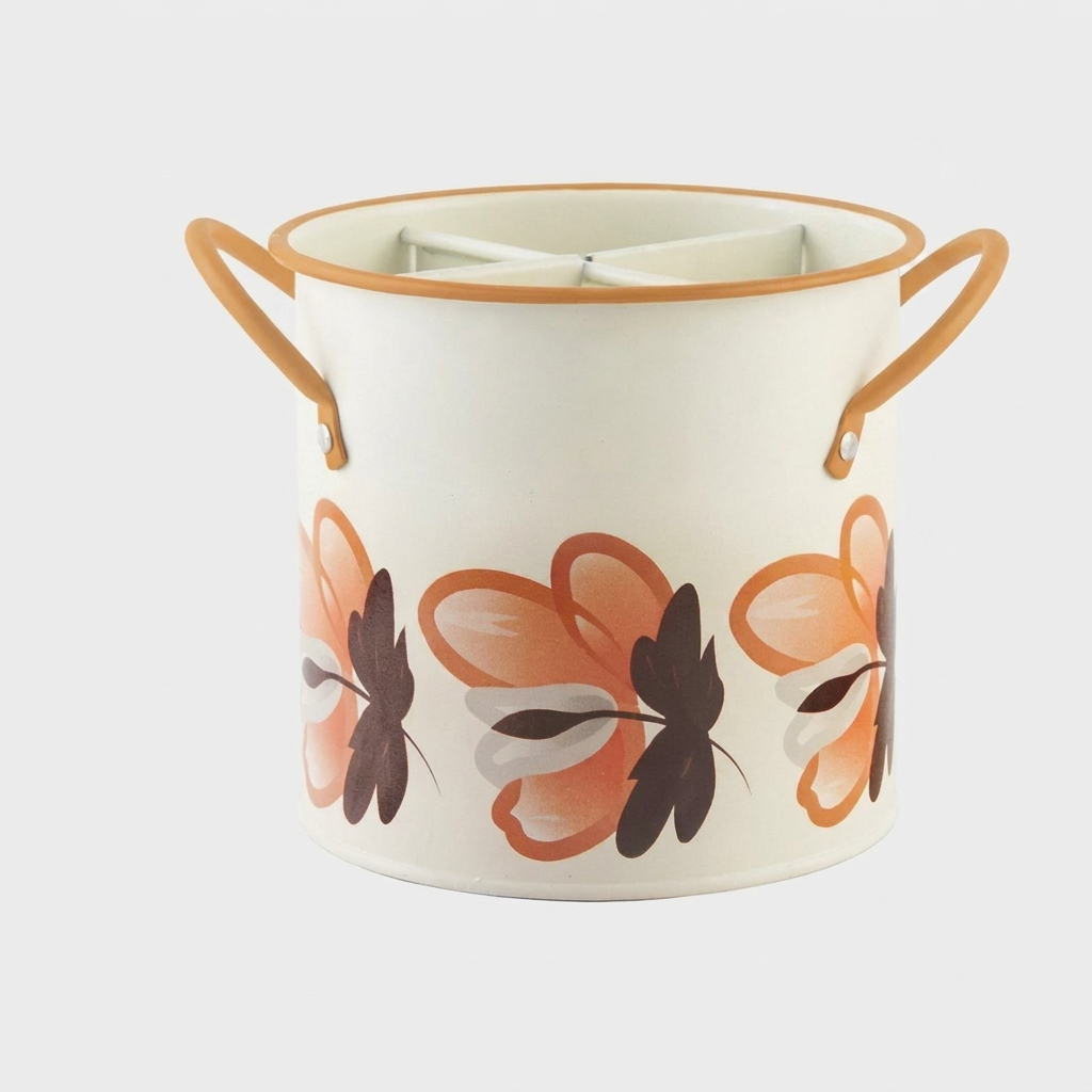 A white enamel canister with orange and dark brown floral patterns and orange side handles, shown on a light gray background.