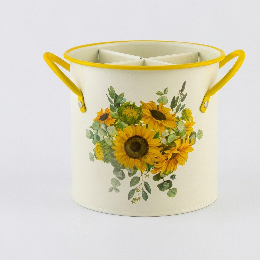 An off-white metal bucket with yellow handles and a yellow rim, decorated with a watercolor-style floral print of sunflowers and green leaves, set against a plain white background.