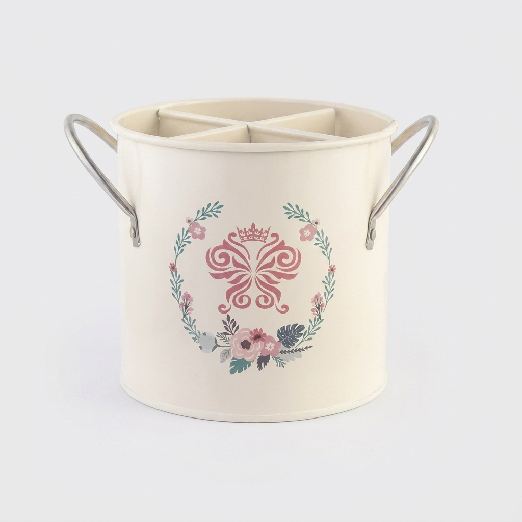 An off-white metal bucket with silver handles, featuring a central pink floral wreath design with a crown and butterfly motif on the front.