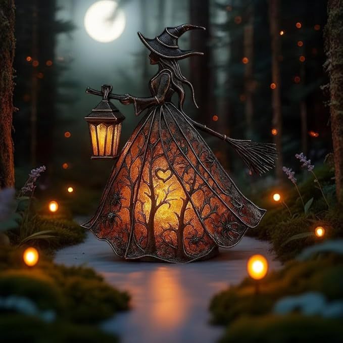 Decorative witch figure with a lantern in a forest setting