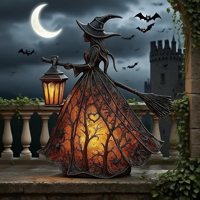 Decorative witch lamp with a broom and lantern on a stone ledge at night.