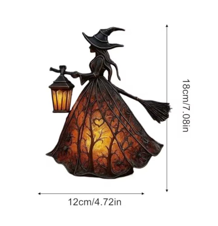 Decorative Halloween witch lamp with dimensions on a white background