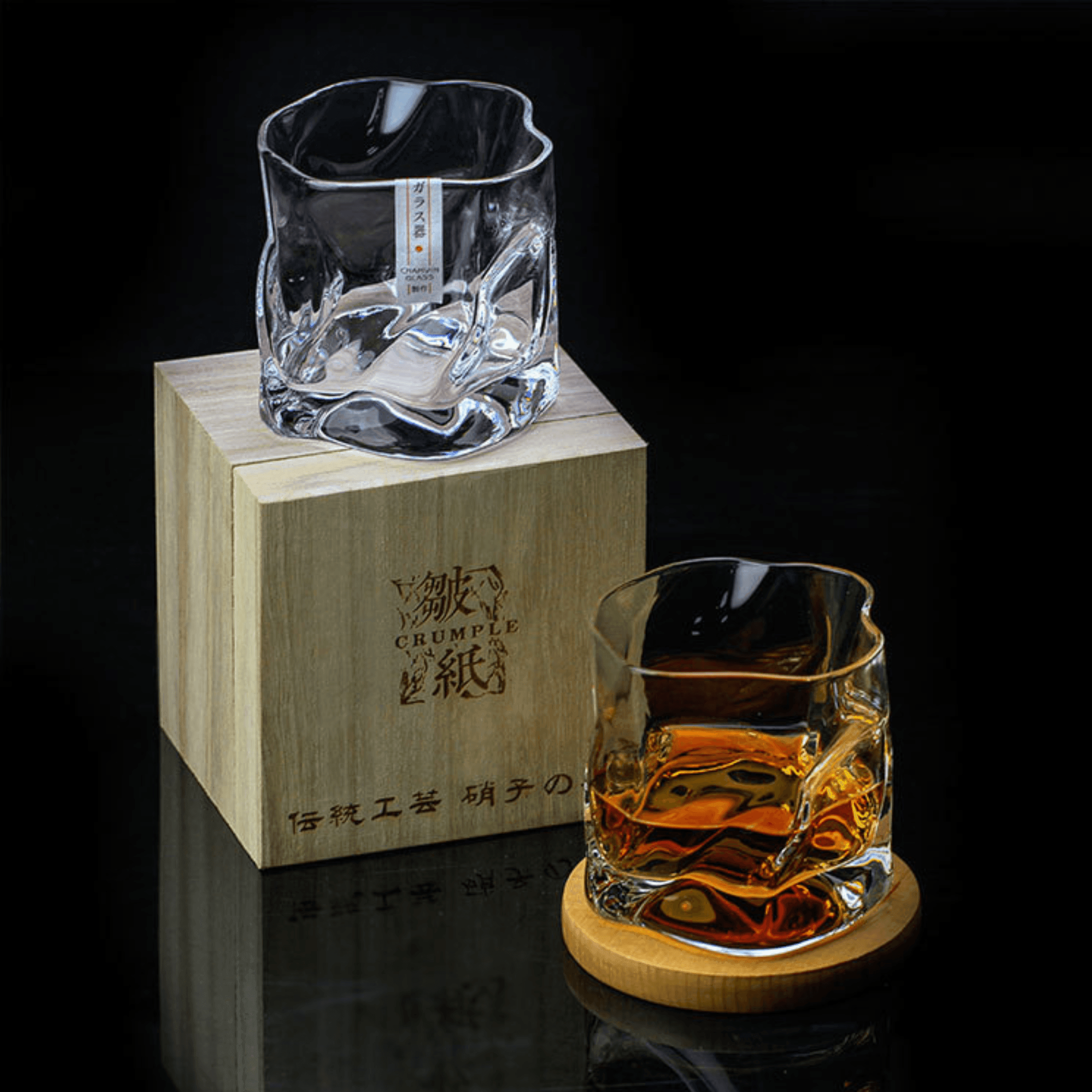 Japanese Edo Kiriko Crumple Body Whisky Glass in a Wooden Gift Box 11
