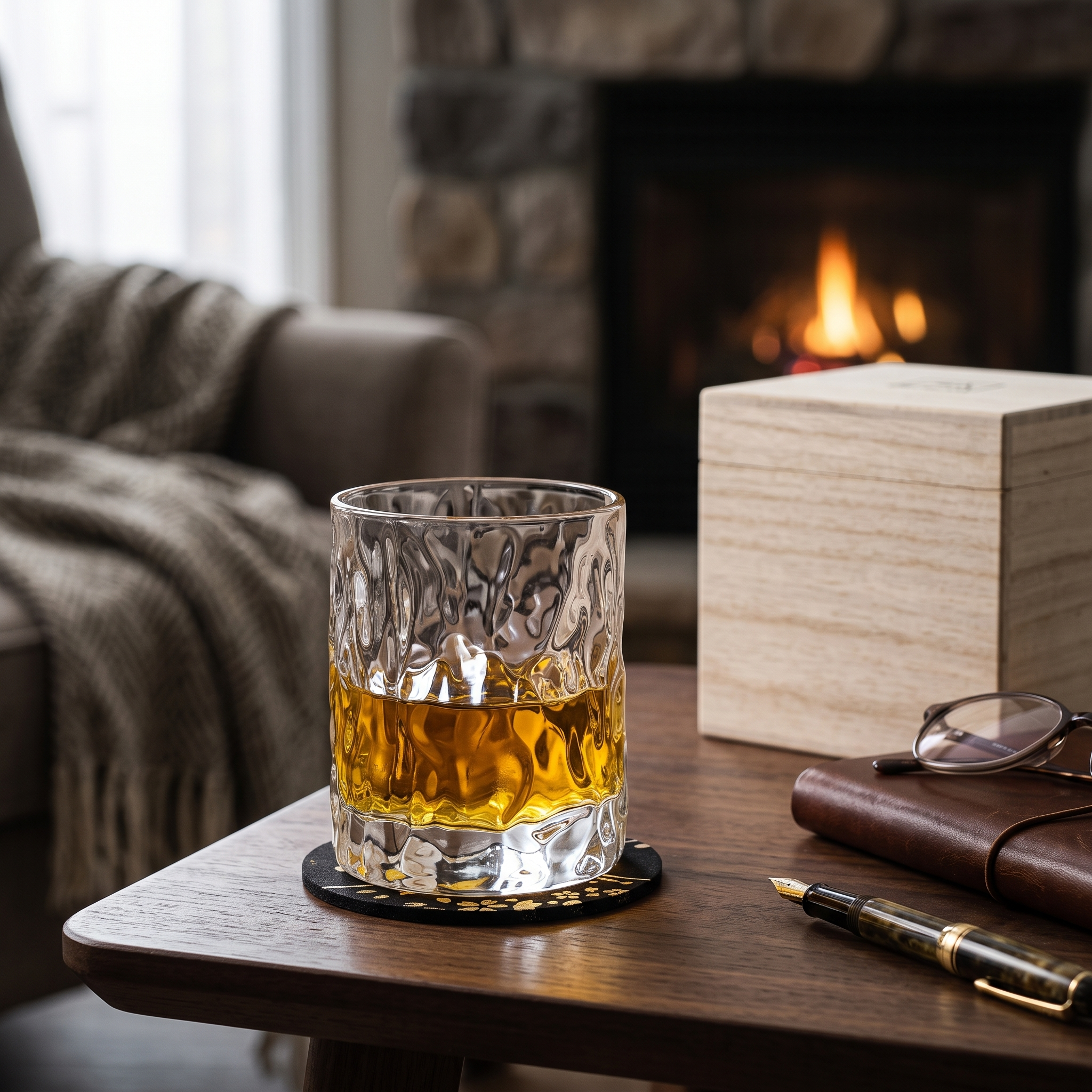 Japanese Edo Kiriko Glacier Whisky Glass with Wooden Box and Coaster 3