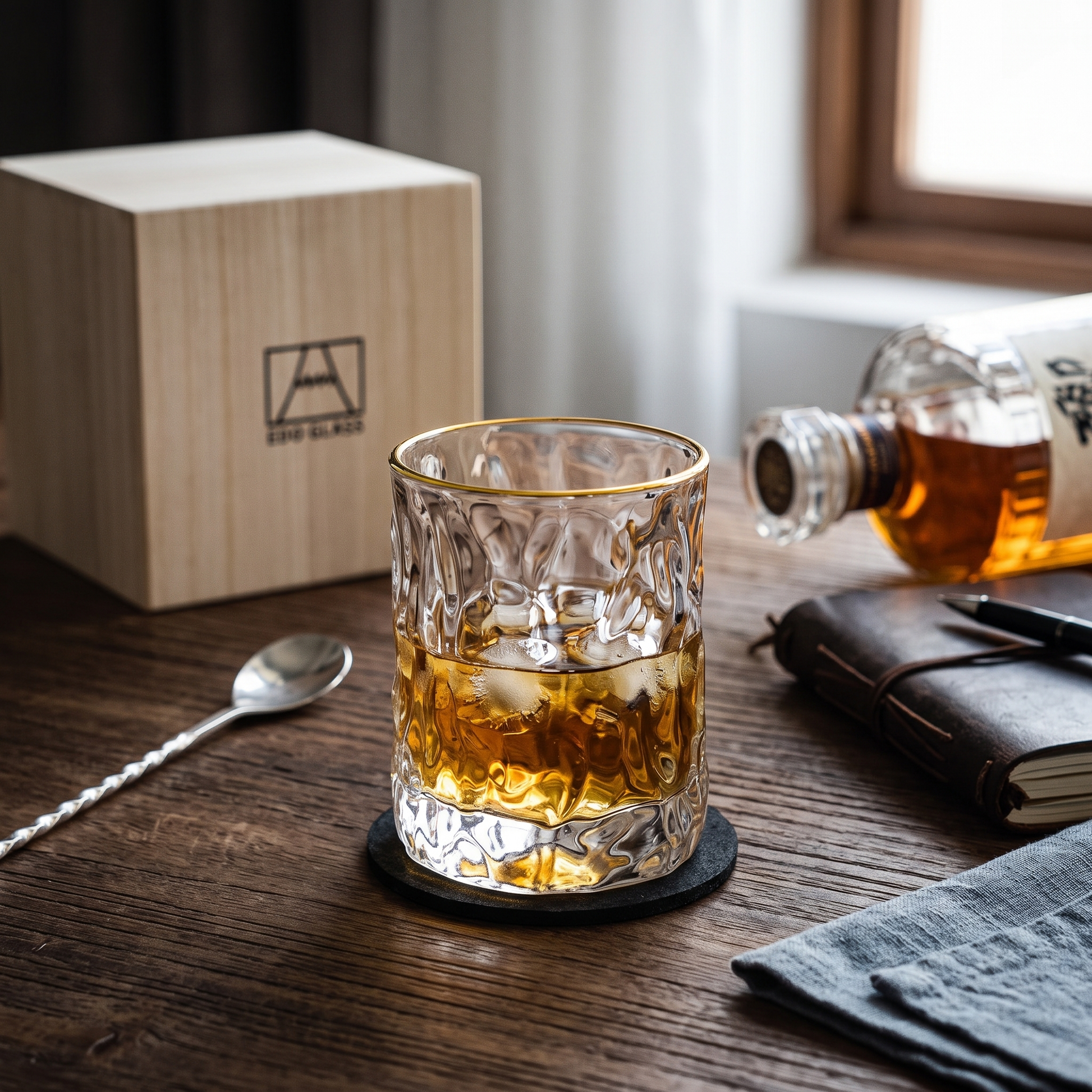 Japanese Edo Kiriko Glacier Whisky Glass with Wooden Box and Coaster 4