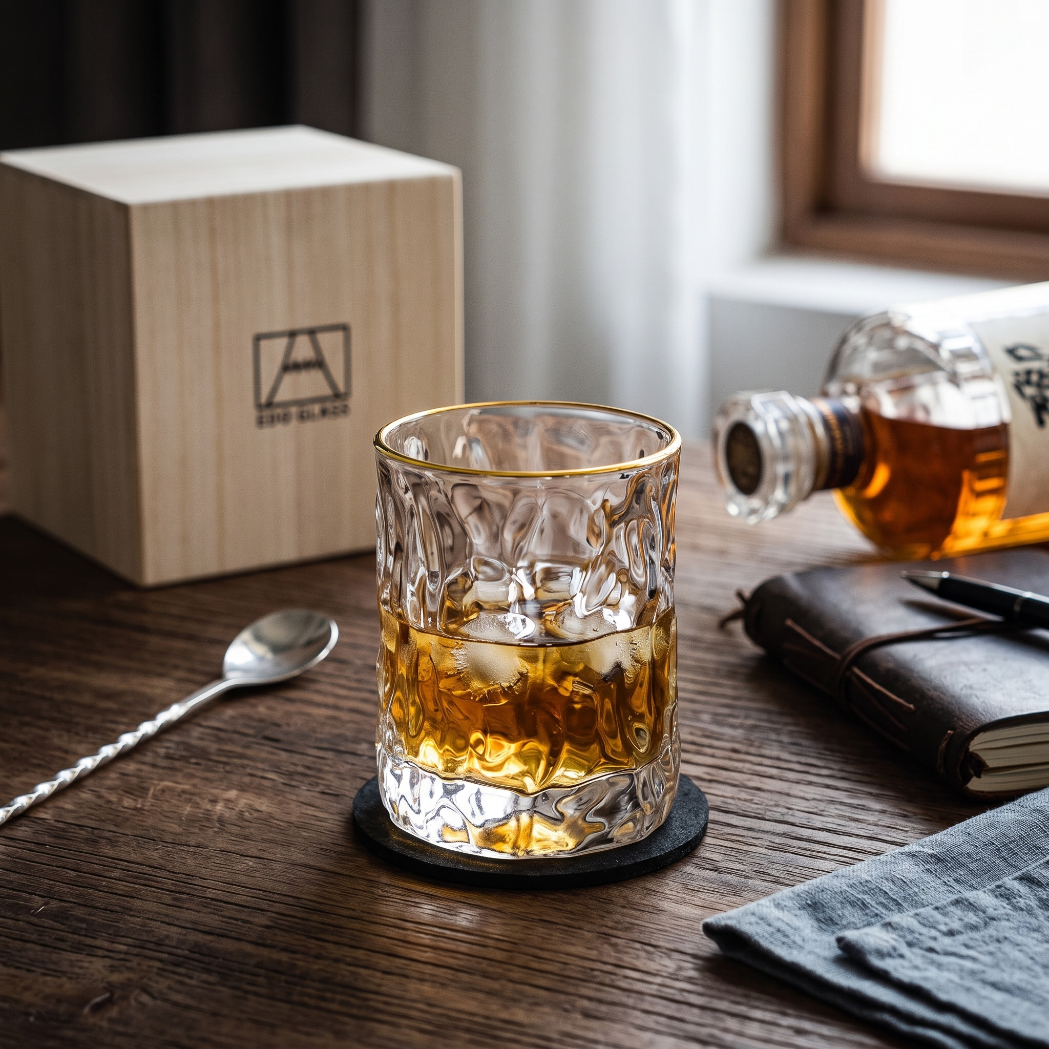 Japanese Edo Kiriko Glacier Whisky Glass with Wooden Box and Coaster 4