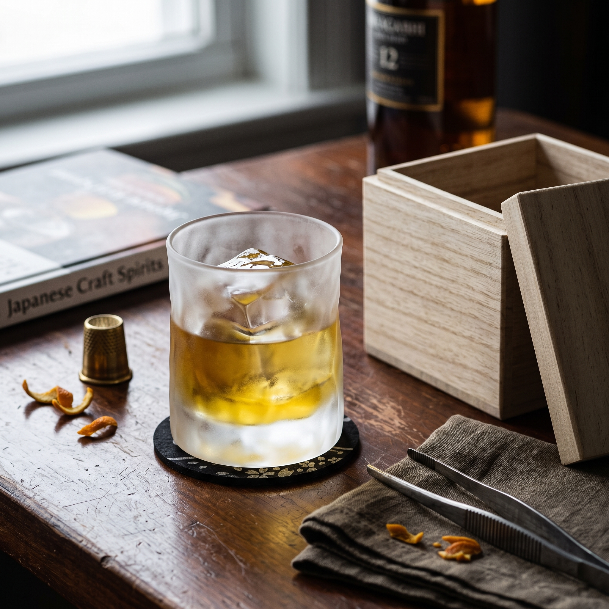 Japanese Edo Kiriko Glacier Whisky Glass with Wooden Box and Coaster 5
