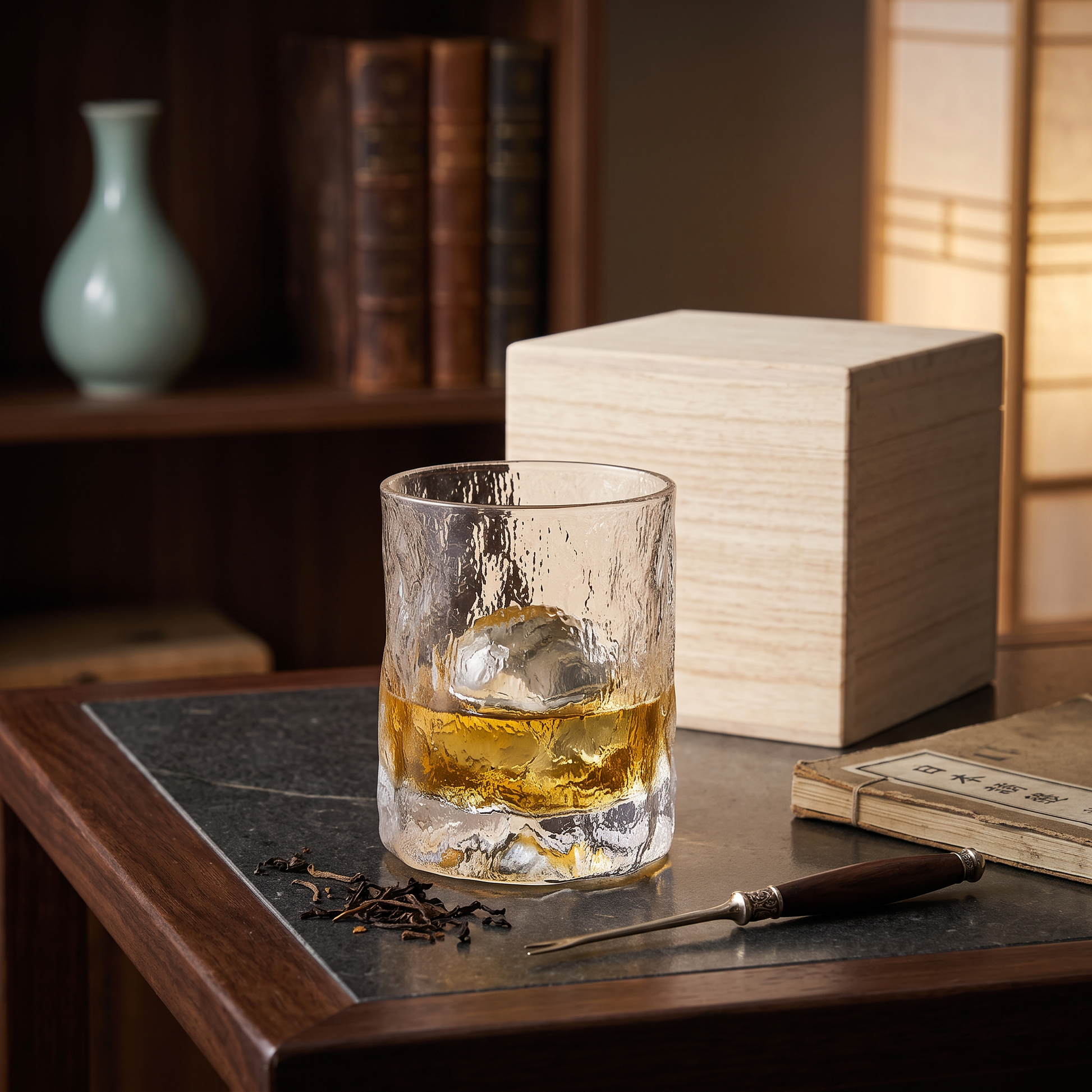 Japanese Edo Kiriko Glacier Whisky Glass with Wooden Box and Coaster 6