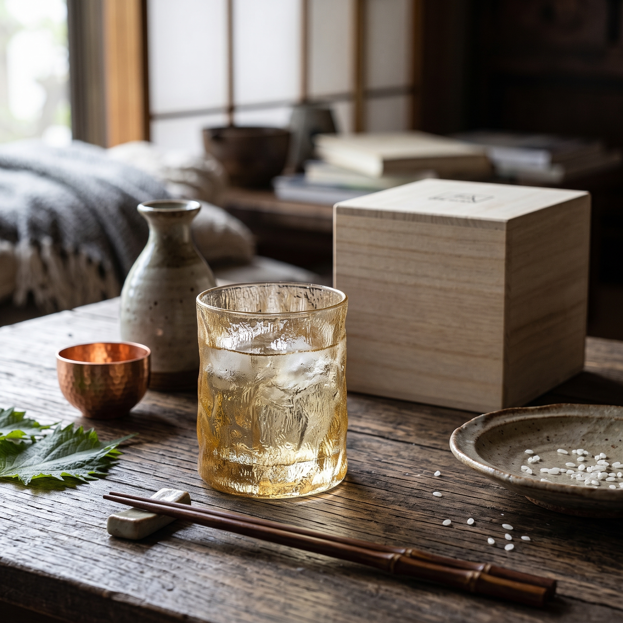 Japanese Edo Kiriko Glacier Whisky Glass with Wooden Box and Coaster 7