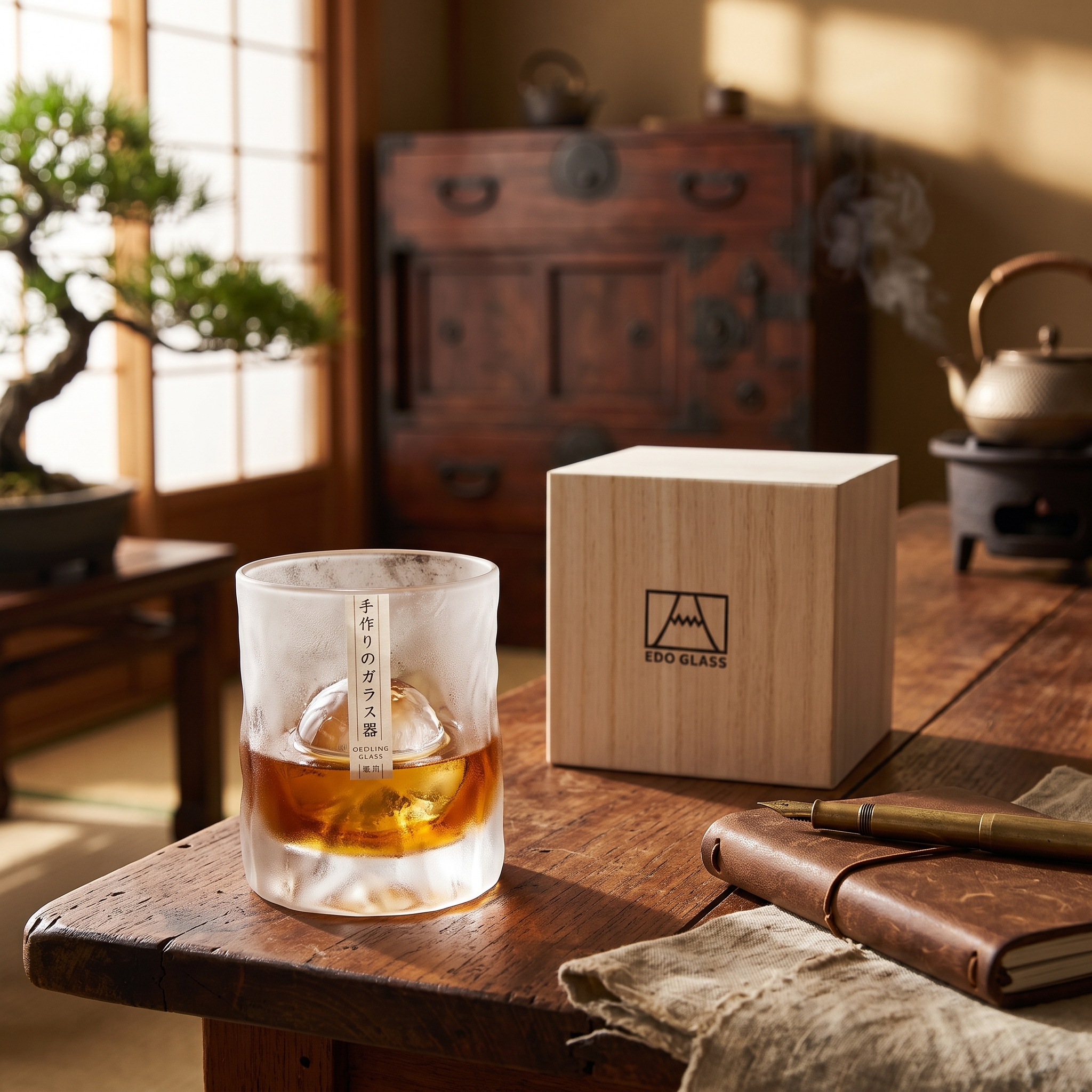 Japanese Edo Kiriko Glacier Whisky Glass with Wooden Box and Coaster 8