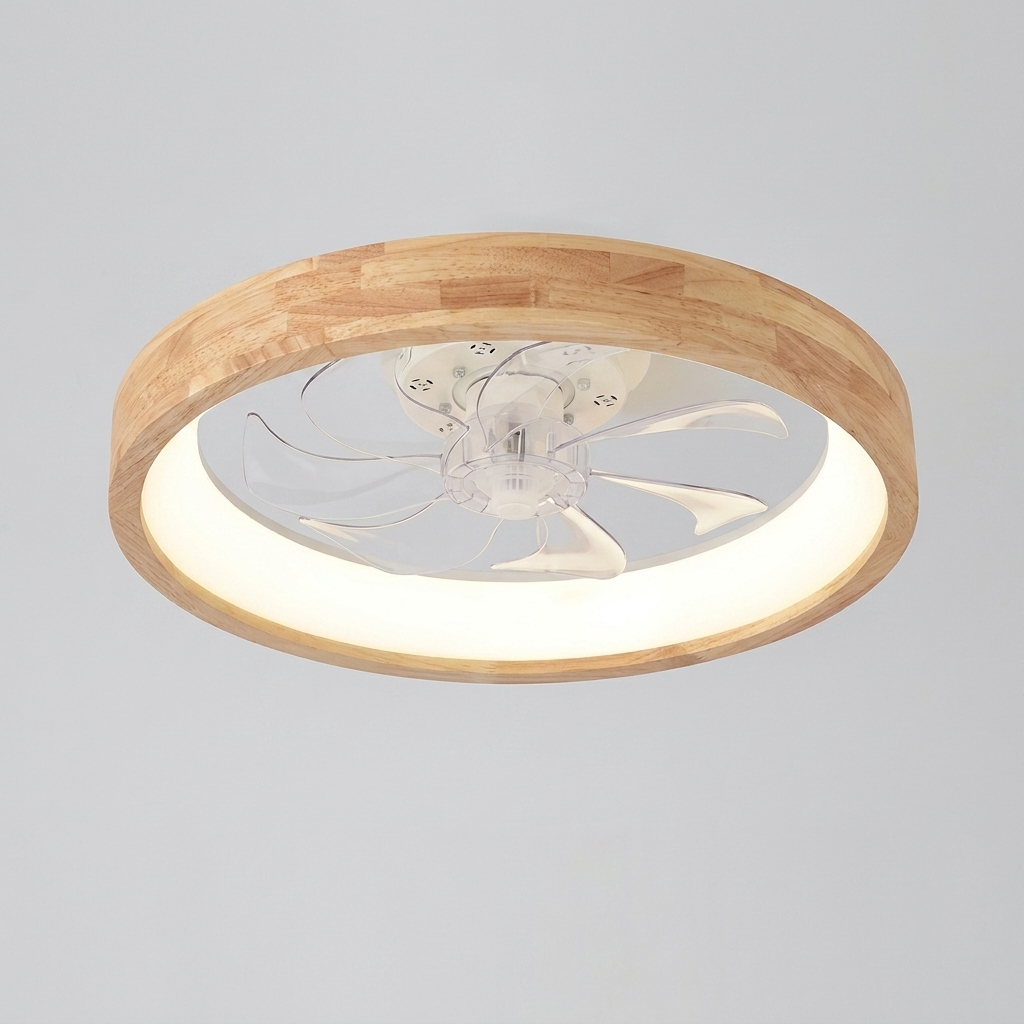 Japanese Solid Wood Round LED Ceiling Fan Light with Dimming 0