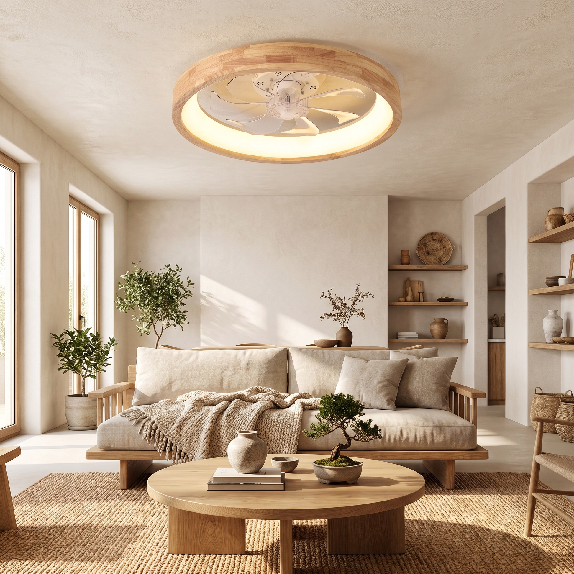 Japanese Solid Wood Round LED Ceiling Fan Light with Dimming 1