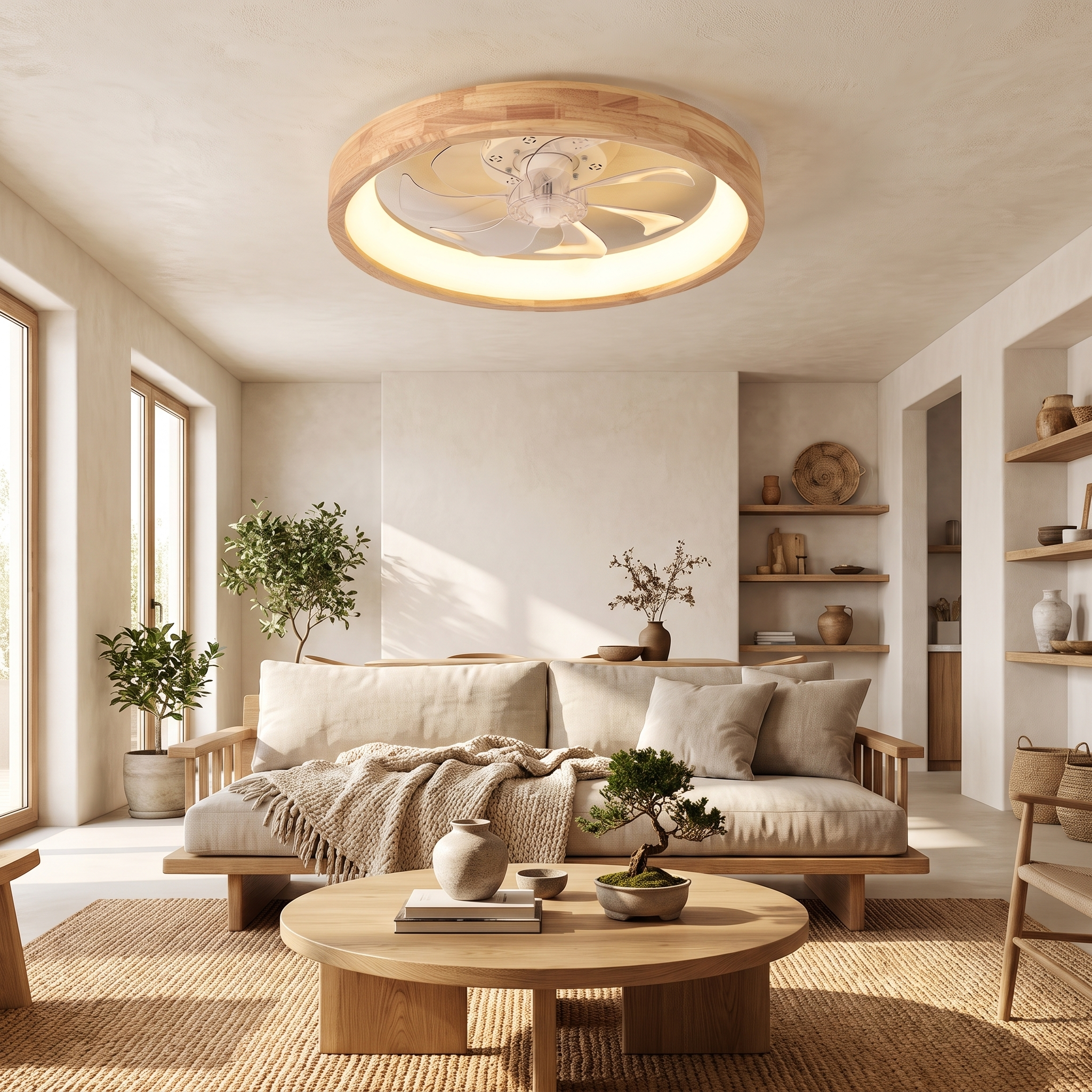 Japanese Solid Wood Round LED Ceiling Fan Light with Dimming 1