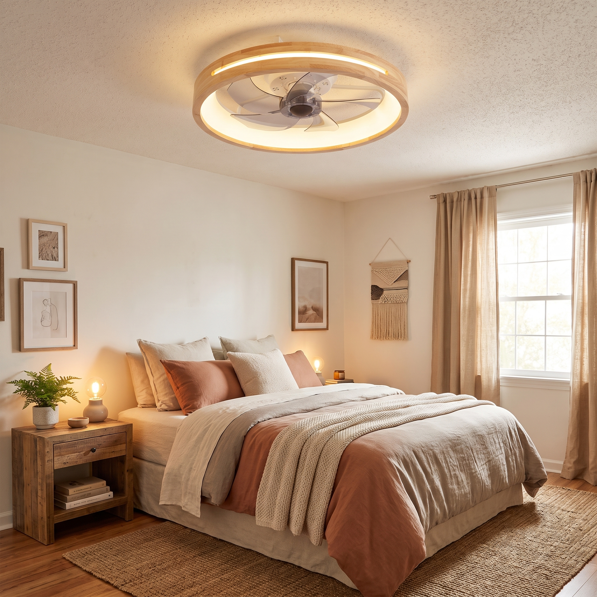 Japanese Solid Wood Round LED Ceiling Fan Light with Dimming 2