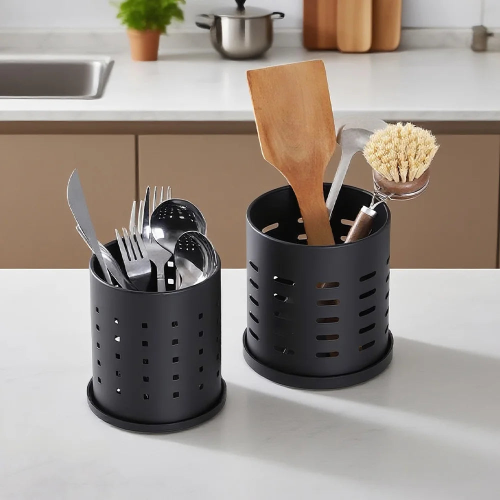 Large Black Stainless Steel Utensil Organizer, Durable Kitchen Cutlery Holder 0