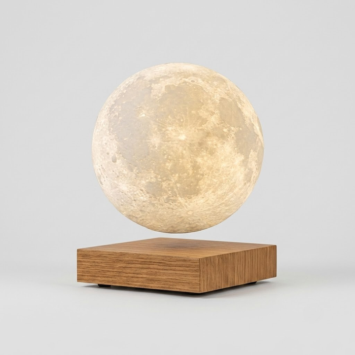 A floating moon lamp with a textured, cratered moon sphere suspended above a square wooden base, set against a solid light gray background.