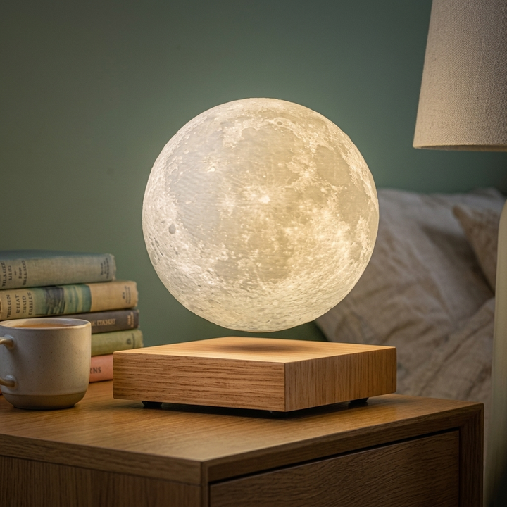 A glowing moon lamp with a textured spherical light floating above a square wooden base, placed on a bedside table in a bedroom setting with a mug, books, and a lamp visible.